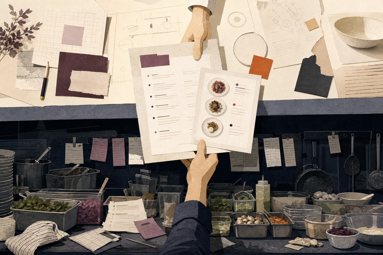 Editorial illustration contrasting a polished head-office hospitality concept board with a crowded kitchen where a frontline worker is adapting to service pressure.